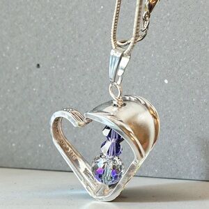 Silver plated spoon Heart Pendant Necklace with Purple crystals  handmade